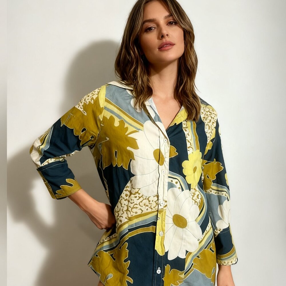Katharine Hamnett London Size M Floral Button-Up Shirt - Mustard Yellow/Navy Blu